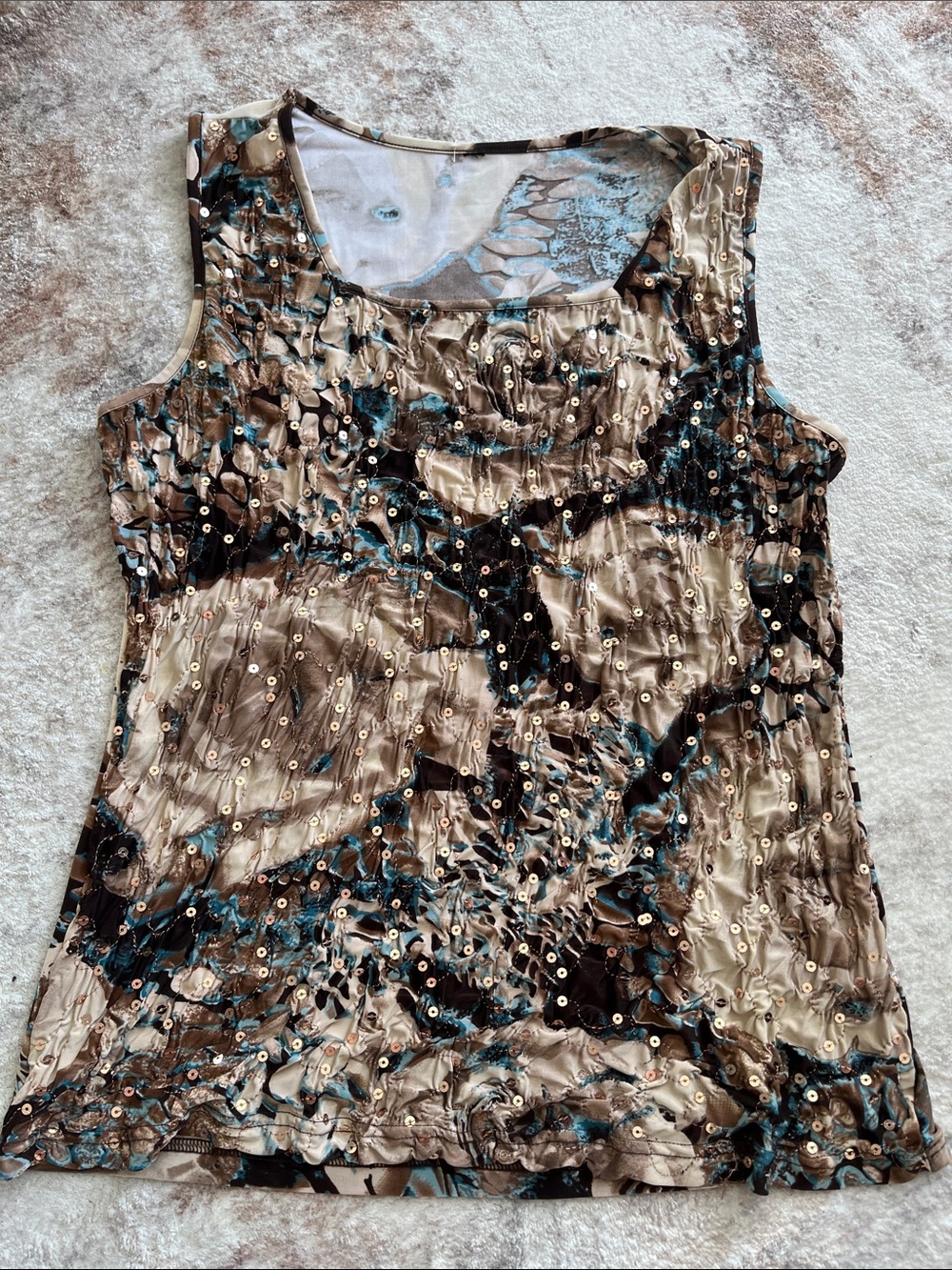 Sleeveless Metallic Sequin Abstract Tank Top - Beige Multi